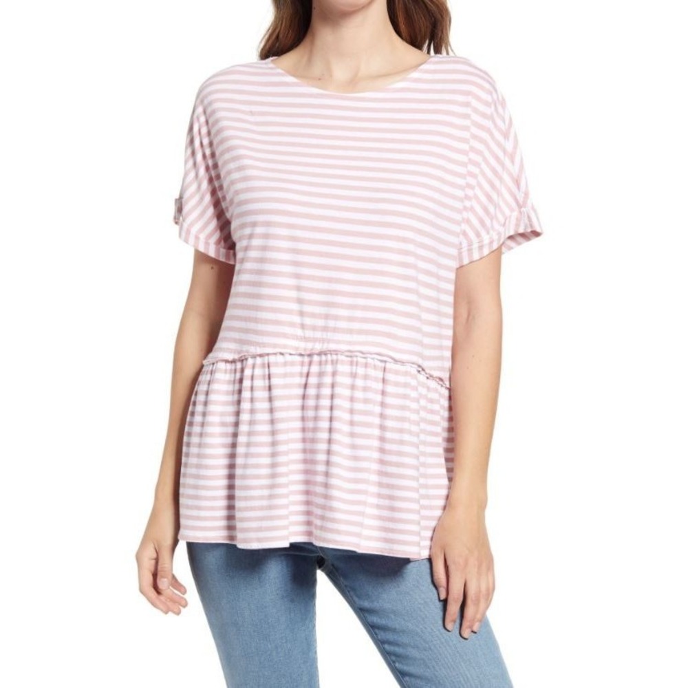 Caslon Women's Jewel Neck Short Sleeve Peplum Top in White Pink Brooke Stripe XS
